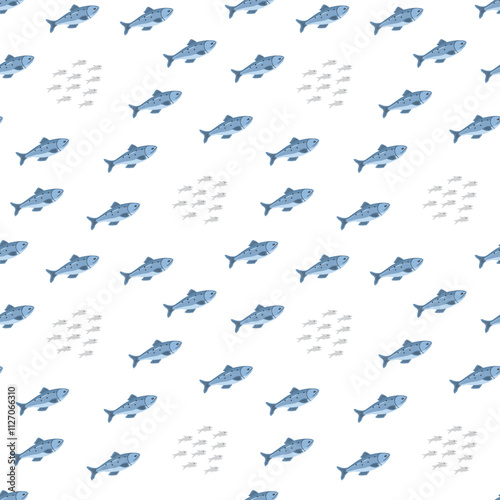 Cute fish seamless pattern. Cartoon salmon and sardines, background. Vector Illustration.