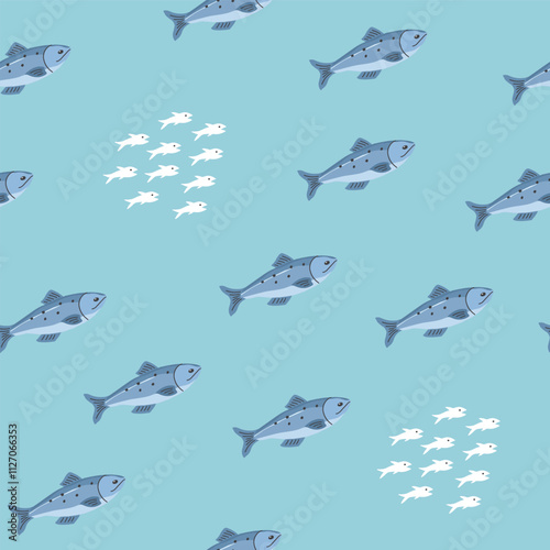 Cute fish seamless pattern. Cartoon salmon and sardines, background. Vector Illustration.