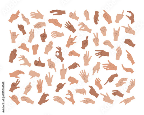 Human hand gestures with fingers in diversity. Arms show non-verbal elements of communication. Body language, various communicative symbols. Set of isolated vector illustrations