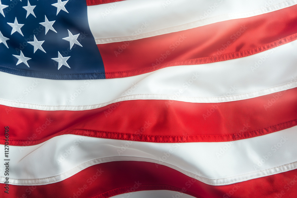 Naklejka premium Close up of American flag waving, showcasing its vibrant colors and stars. fabric flows gracefully, symbolizing patriotism and national pride