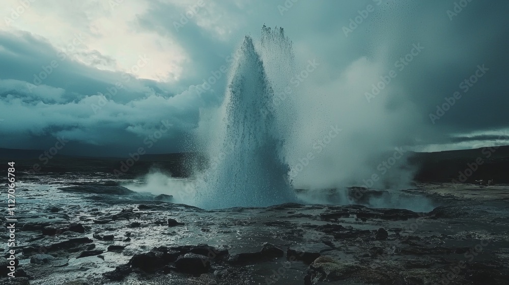 Fototapeta premium Dramatic Eruption of Strokkur Geyser in Iceland during Twilight