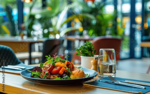 A flexitarian snack. in a stylish dining area. showcasing the variety and flexibility of the flexitarian diet. Ideal for balanced diet articles photo