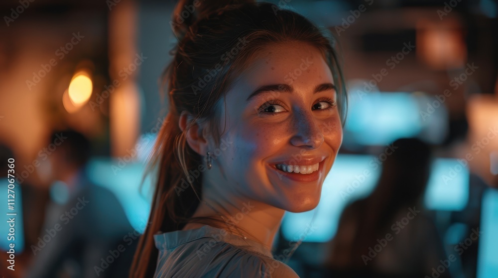 Evening portrait of a smiling woman in a professional setting, focusing on teamwork, brainstorming, and collaboration among employees Evening portrait of a smiling woman in a professional setting, focusing on teamwork, brainstorming, and collaboration among employees