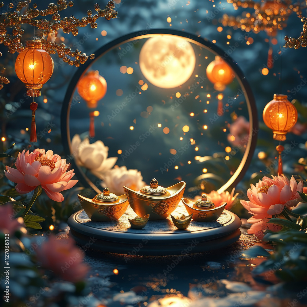 Lunar new year product display podium mockup, presentation space, moonlit garden filled with traditional firecrackers, jade charms, gold ingots symbolizing fortune, Lunar New Year elegance and prosper