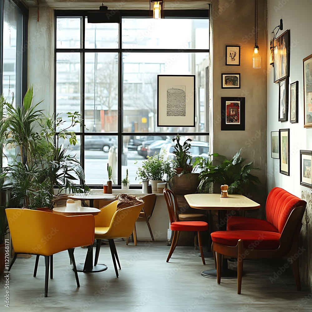 Fototapeta premium Stylish Cafe Interior Design With Plants And Artwork