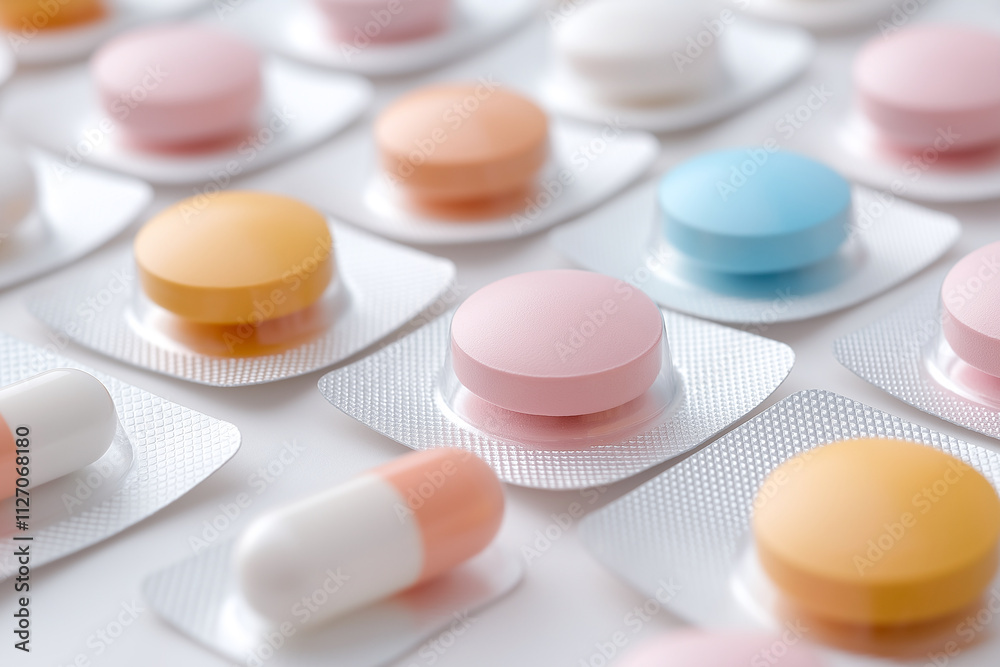 Colorful pills and tablet packaging arranged neatly on surface, showcasing various shapes and colors. vibrant hues create appealing visual display Colorful pills and tablet packaging arranged neatly on surface, showcasing various shapes and colors. vibrant hues create appealing visual display