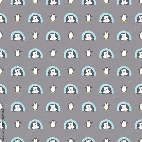 Cute Cartoon penguin and polar bear seamless pattern background. Vector Illustration.