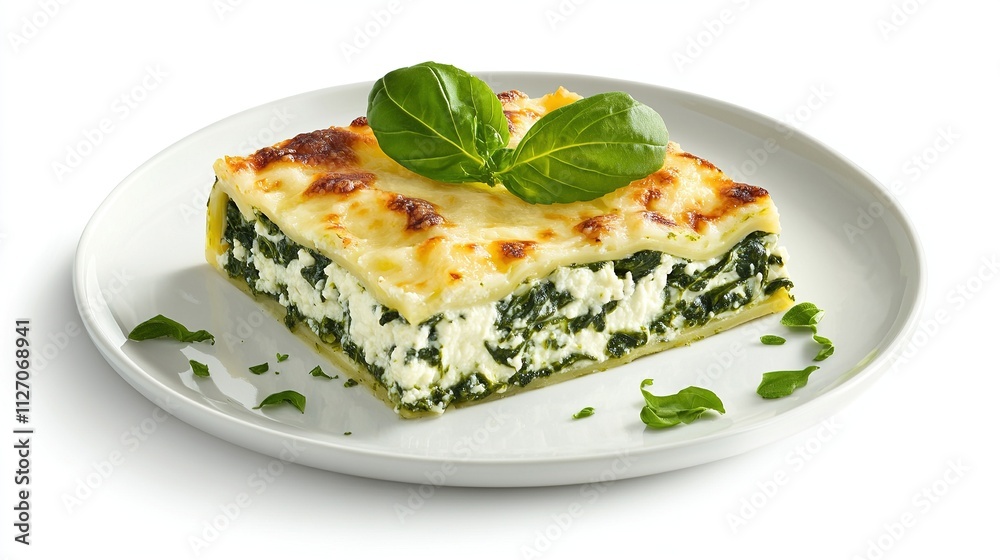 Spinach and ricotta lasagna slice with fresh basil garnish. Spinach and ricotta lasagna slice with fresh basil garnish.
