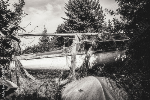 Old boat on water and in a meadow. Rotted and rusted, hardly usable anymore. Damaged boat in idyllic solitude. photo