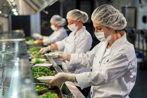 Workers in white protective suits and hairnets carefully packaging meals on conveyor belts photo