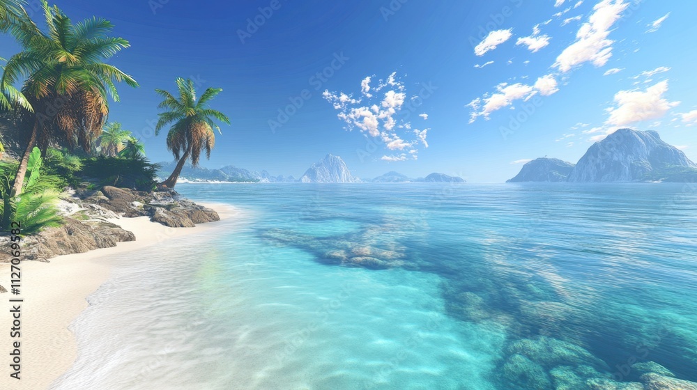 Tranquil beach scene with vibrant blue water and sky, an inviting setting for vacation and travel themes. Tranquil beach scene with vibrant blue water and sky, an inviting setting for vacation and travel themes.