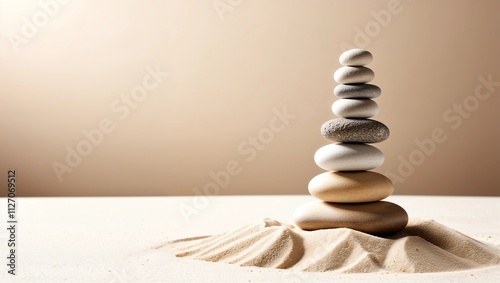 Stacked zen stones sand background art of balance concept photo