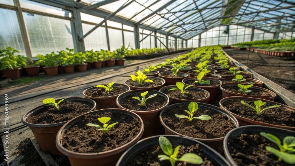 A row of young seedlings in brown pots, basking in the warm sunlight of a greenhouse, symbolizing new life and growth. A row of young seedlings in brown pots, basking in the warm sunlight of a greenhouse, symbolizing new life and growth.
