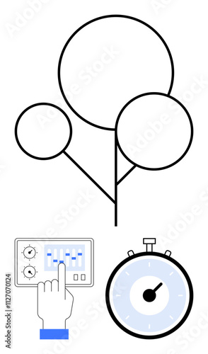 Three circular plants a hand adjusting a control panel a stopwatch. Ideal for agriculture, automation, technology, growth management, precision farming, efficiency, productivity. Line metaphor