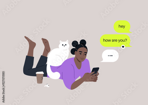 A youthful character reclining on their stomach, engrossed in checking their mobile phone's messenger app, meanwhile, a cat perches on their back, seeking attention