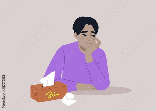 With a thoughtful gaze and gentle demeanor, the individual rests their chin on a hand while tissues are nearby, conveying a deep moment of introspection and vulnerability