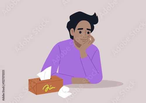 With a thoughtful gaze and gentle demeanor, the individual rests their chin on a hand while tissues are nearby, conveying a deep moment of introspection and vulnerability