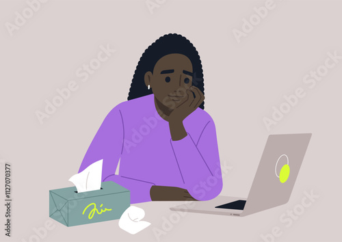 In a comfortable and warm environment, a person reflects on their feelings during an online psychotherapy session, with tissues close by for tears and a laptop open for connection