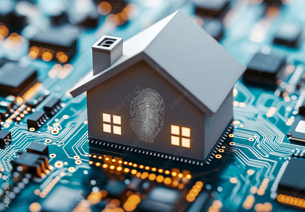 house model with fingerprint design sits on circuit board, symbolizing home security and technology integration. This represents modern security solutions house model with fingerprint design sits on circuit board, symbolizing home security and technology integration. This represents modern security solutions