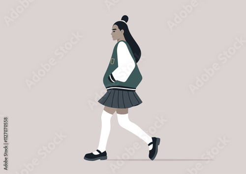 A student wearing a pleated skirt and a stylish bomber jacket strolls purposefully, embodying a sense of confidence and youthful charm in a vibrant urban setting