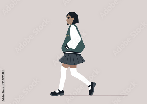 A student wearing a pleated skirt and a stylish bomber jacket strolls purposefully, embodying a sense of confidence and youthful charm in a vibrant urban setting