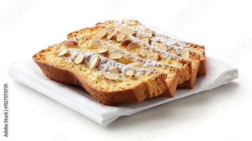 Close-up of biscotti slices with crispy, toasted edges and visible almond chunks, garnished with a sprinkle of powdered sugar.