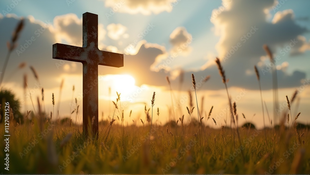 Silhouetted cross stands tall amidst golden sunset, tall grass swaying gently in the warm evening breeze. A peaceful, serene scene.
