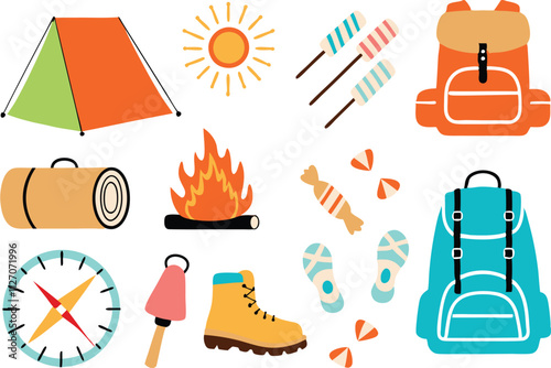 Camping Adventure Gear, Fire, Tent, Sun, Marshmallows, Hiking Boots