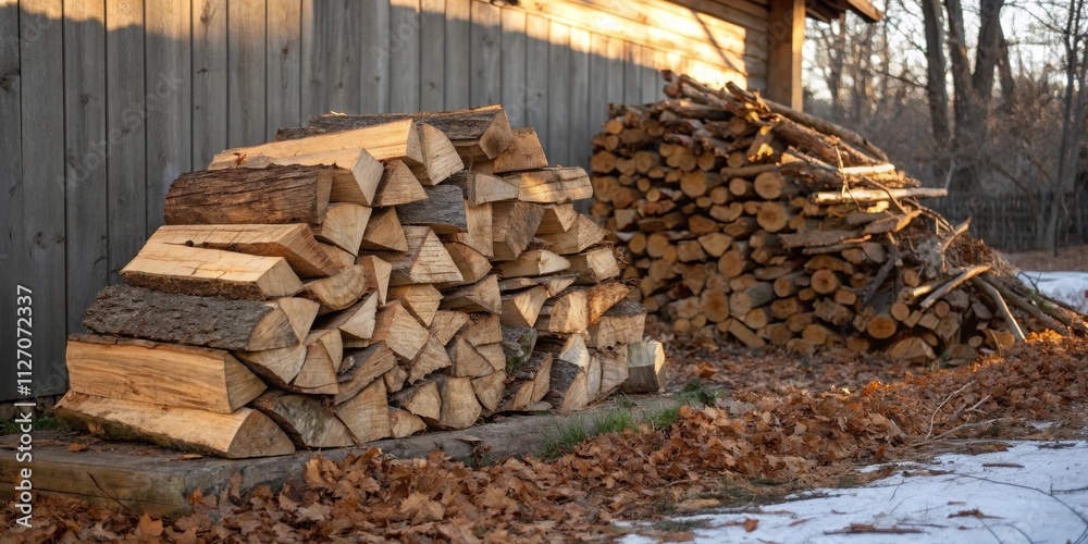 A neatly stacked pile of firewood stands against a weathered wooden wall, the sun casting a warm glow over the logs, a promise of cozy warmth on a chilly winter evening. A neatly stacked pile of firewood stands against a weathered wooden wall, the sun casting a warm glow over the logs, a promise of cozy warmth on a chilly winter evening.