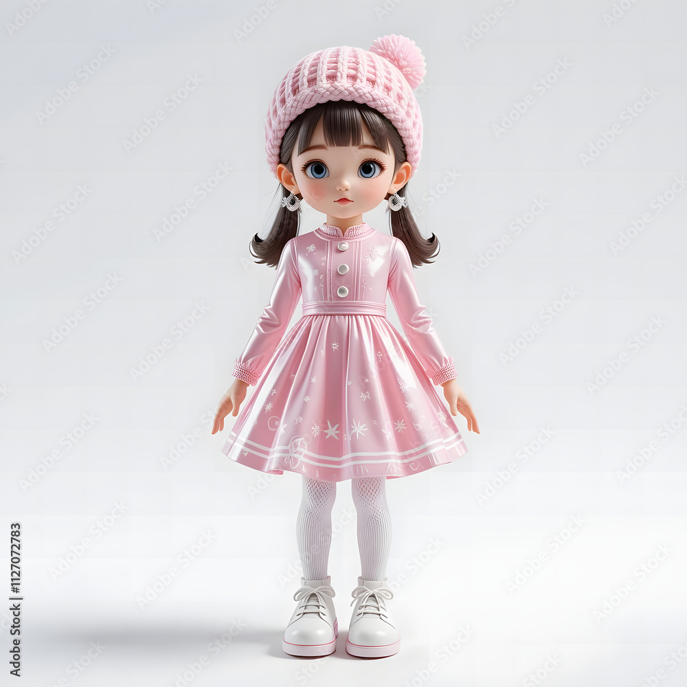 3d resin toy full body girl wearing pink dress and a pom pom beanie hat 3d resin toy full body girl wearing pink dress and a pom pom beanie hat
