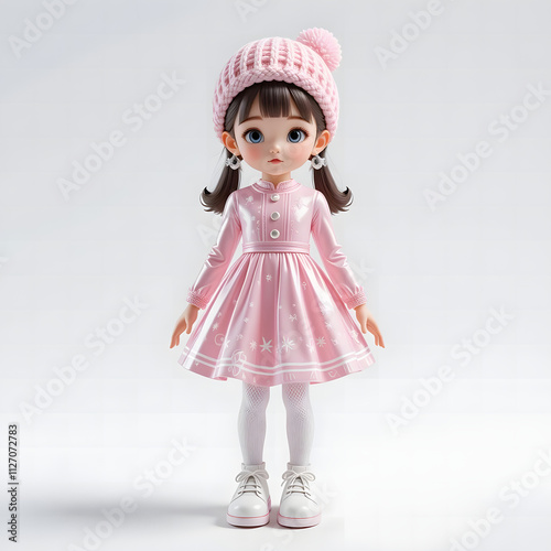 3d resin toy full body girl wearing pink dress and a pom pom beanie hat