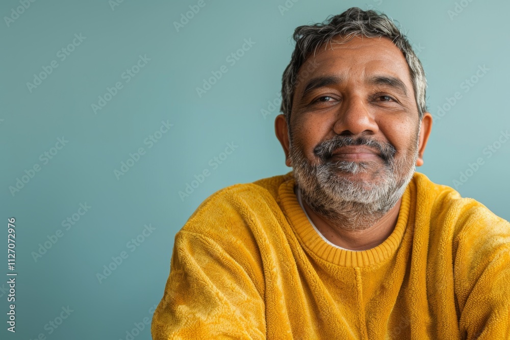 Fototapeta premium Portrait of a blissful indian man in his 40s dressed in a comfy fleece pullover while standing against soft blue background