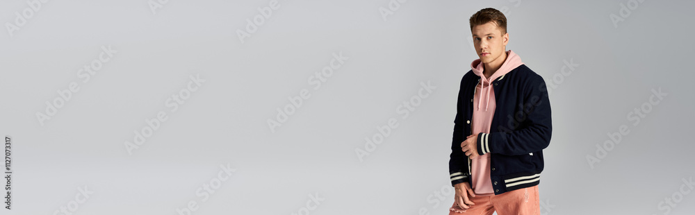Young man stands confidently, dressed casually in stylish attire. Young man stands confidently, dressed casually in stylish attire.