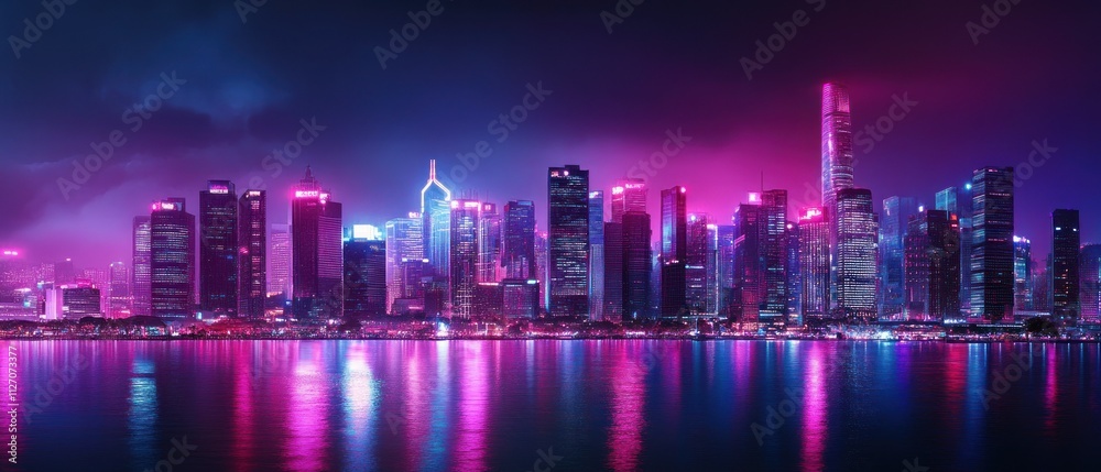Fototapeta premium Background of cyberpunk city buildings illuminated neon lights Glowing pink and purple neon signs, wallpaper AI generated image