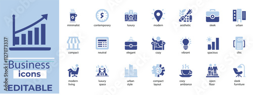 Professional business vector icons featuring finance, marketing, teamwork, analytics, strategy, and growth solutions