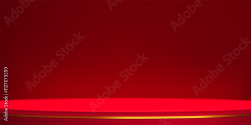 3d abstract studio room background. Red empty gradient backdrop. Minimal interior mockup. Scene for product presentation. Vector Christmas illustration.