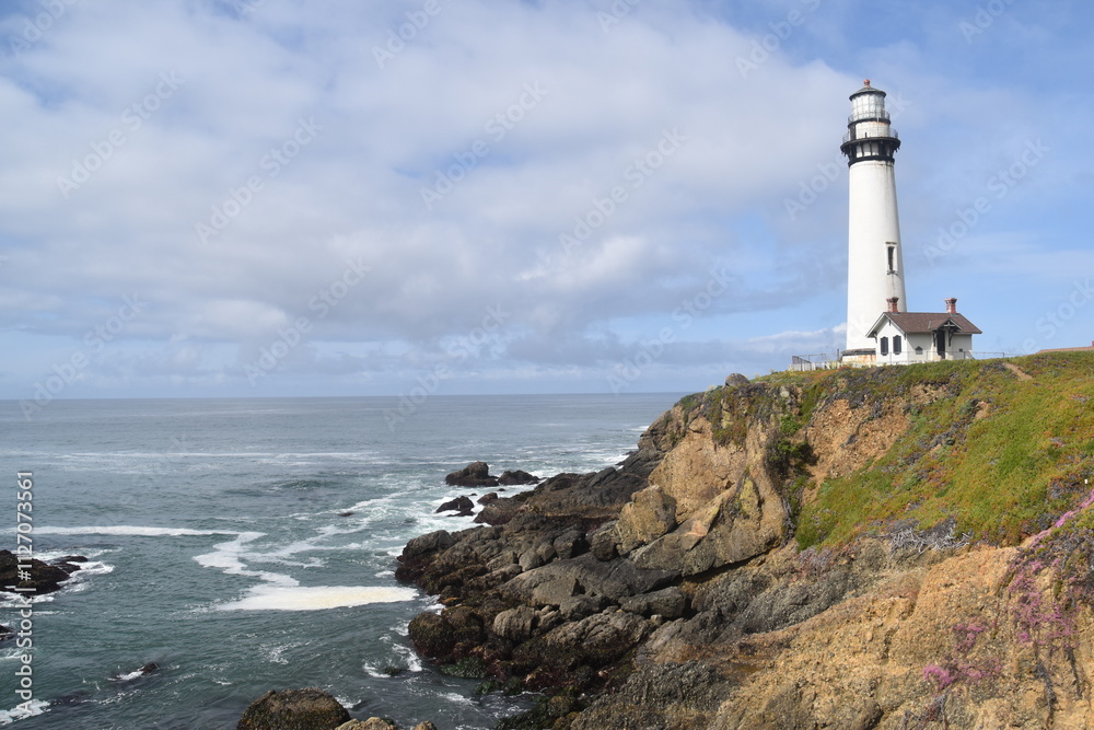 The old historic Pigeon Point Light Station Lighthouse and coastal landscpaes on the Pacific West Coast of California The old historic Pigeon Point Light Station Lighthouse and coastal landscpaes on the Pacific West Coast of California