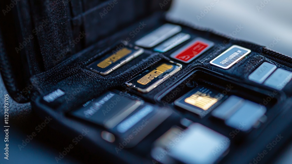 Modern memory card holder displaying various cards indoor home office product photography and organization concept Modern memory card holder displaying various cards indoor home office product photography and organization concept