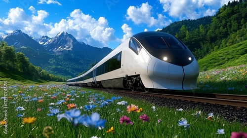Wallpaper Mural A sleek, modern train speeds through a vibrant meadow filled with wildflowers, framed by majestic mountains under a bright blue sky. Torontodigital.ca