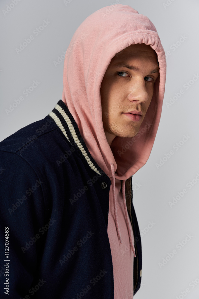 Young man stands confidently, showcasing his unique fashion sense.