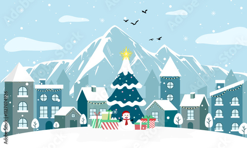 City Nature park background and snowing for winter season concept. Hand drawn isolated illustrations.