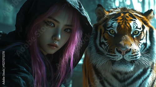 An Asian woman with a hood covering her face, pink hair accompanied by a Tiger beside her background wallpaper AI generated image