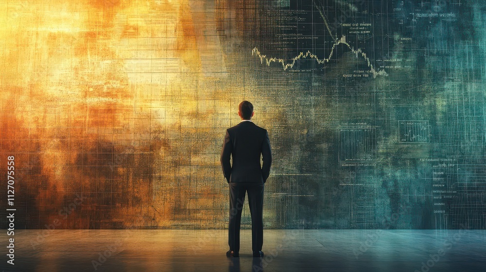 Businessman Analyzing Market Trends with Wall of Data and Stock Graphs in Dynamic Color Palette Businessman Analyzing Market Trends with Wall of Data and Stock Graphs in Dynamic Color Palette