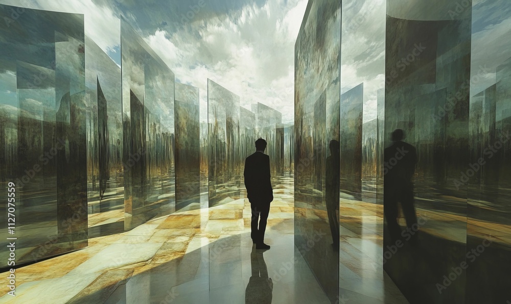 Man stands amidst tall, reflective, landscape-painted panels. Man stands amidst tall, reflective, landscape-painted panels.