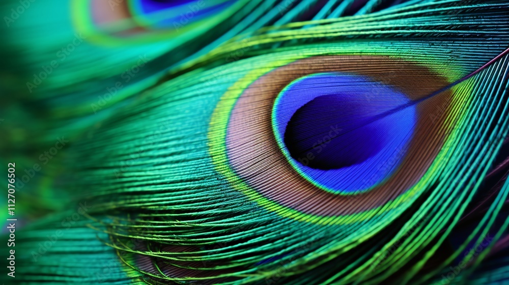 Obraz premium Majestic Peacock Feather with Vibrant Blue and Green Iridescent Hues on Soft Blurred Background