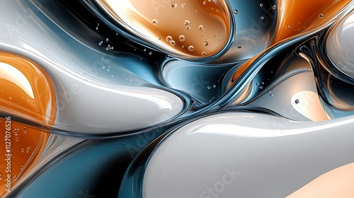 Abstract glossy liquid swirls in orange, teal, and white with reflective surfaces and bubbles.