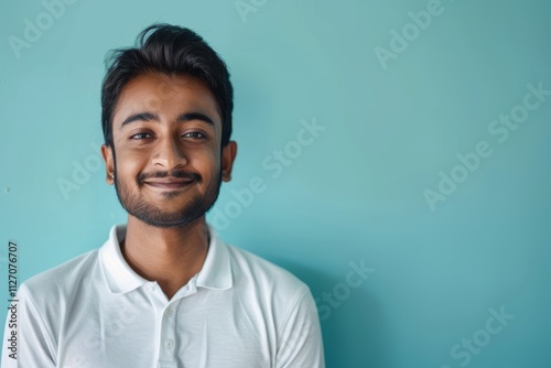 Portrait of a blissful indian man in his 20s donning a classy polo shirt isolated on soft blue background