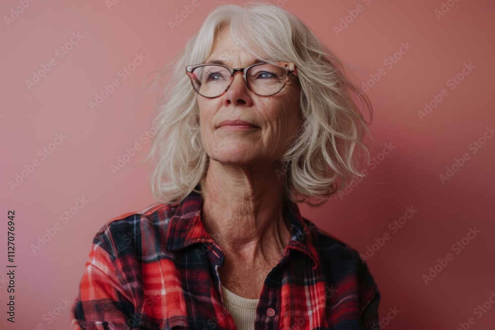 Portrait of a tender caucasian woman in her 60s wearing a comfy flannel shirt in front of soft pink background Portrait of a tender caucasian woman in her 60s wearing a comfy flannel shirt in front of soft pink background