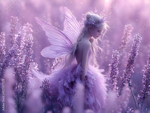 Pretty fairy wearing a flower crown walking in blooming flowers in shades of soft purple, creating an ethereal and dreamy atmosphere.