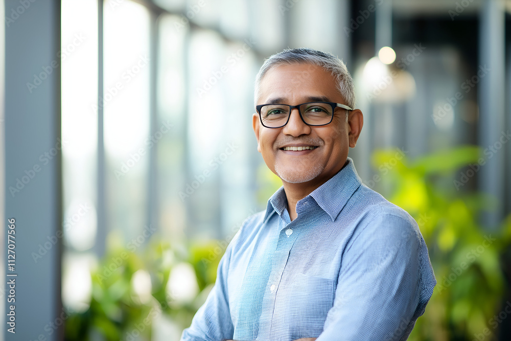 Fototapeta premium Portrait of successful Indian senior businessman consultant looking at camera and smiling inside modern office building